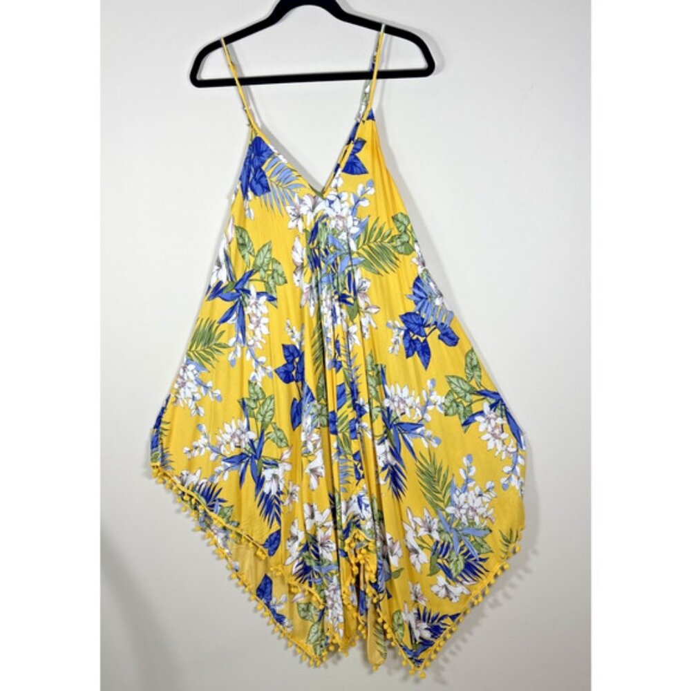 Goa Beachwear by Japna Yellow Floral Print Handkerchief Hem Pom Pom Trim Dress M